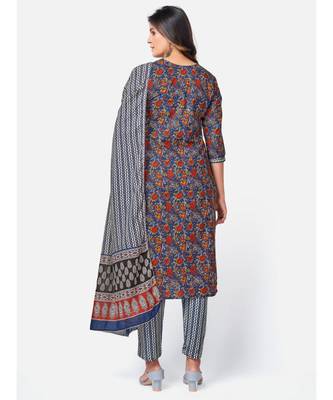 Women's Floral Print & sequience work Straight Cotton Blue Kurta With Pant & dupatta 3