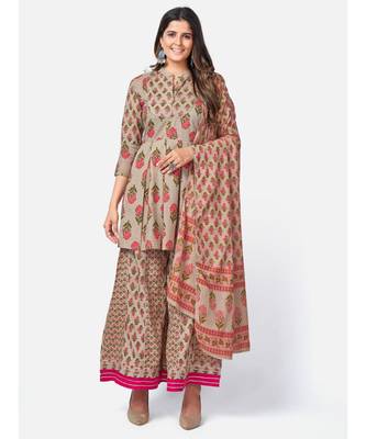 Women's Floral Print & sequience work Round Flared Cotton Light Grey Kurta With Palazzo & dupatta 1