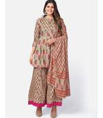 Women's Floral Print & sequience work Round Flared Cotton Light Grey Kurta With Palazzo & dupatta