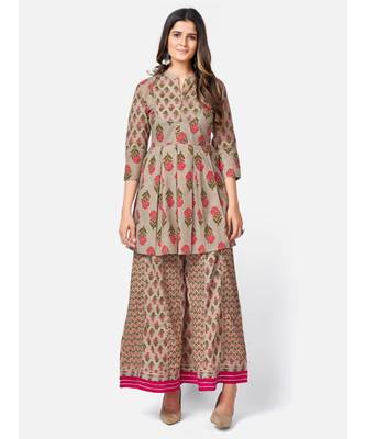 Women's Floral Print & sequience work Round Flared Cotton Light Grey Kurta With Palazzo & dupatta 2
