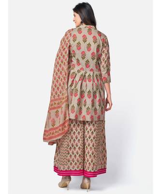 Women's Floral Print & sequience work Round Flared Cotton Light Grey Kurta With Palazzo & dupatta 3