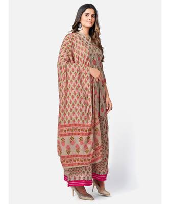Women's Floral Print & sequience work Round Flared Cotton Light Grey Kurta With Palazzo & dupatta 4