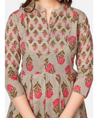Women's Floral Print & sequience work Round Flared Cotton Light Grey Kurta With Palazzo & dupatta 5