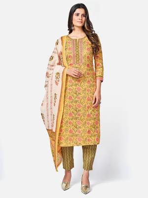 Women's Floral Print & sequience work Straight Cotton Yellow Kurta With Pant & dupatta 1