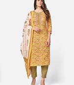 Women's Floral Print & sequience work Straight Cotton Yellow Kurta With Pant & dupatta