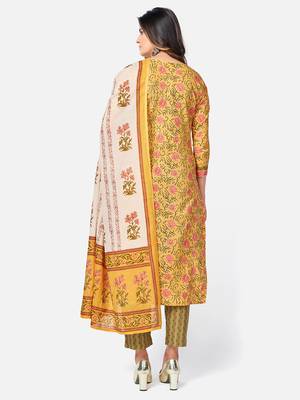 Women's Floral Print & sequience work Straight Cotton Yellow Kurta With Pant & dupatta 2