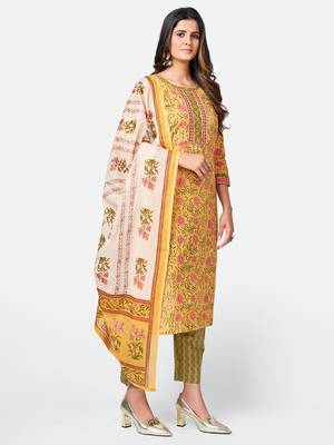 Women's Floral Print & sequience work Straight Cotton Yellow Kurta With Pant & dupatta 3