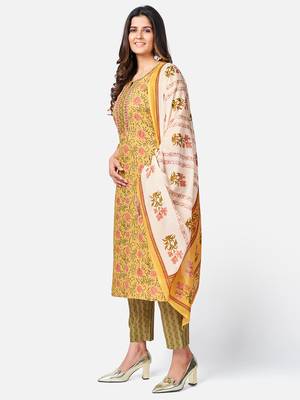 Women's Floral Print & sequience work Straight Cotton Yellow Kurta With Pant & dupatta 4