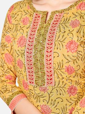 Women's Floral Print & sequience work Straight Cotton Yellow Kurta With Pant & dupatta 5