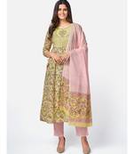 Women's Floral Print & sequience work Anarkali Cotton Yellow Kurta With Pant & dupatta