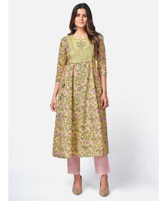 Women's Floral Print & sequience work Anarkali Cotton Yellow Kurta With Pant & dupatta 2