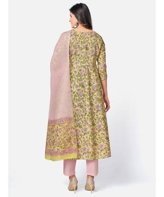 Women's Floral Print & sequience work Anarkali Cotton Yellow Kurta With Pant & dupatta 3