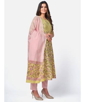 Women's Floral Print & sequience work Anarkali Cotton Yellow Kurta With Pant & dupatta 4