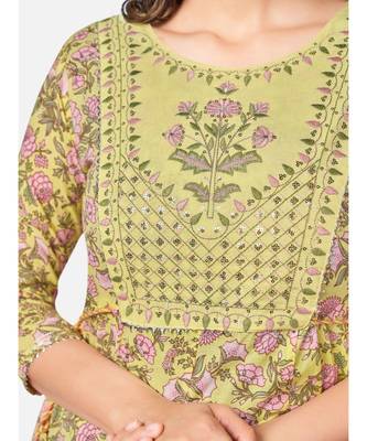 Women's Floral Print & sequience work Anarkali Cotton Yellow Kurta With Pant & dupatta 5