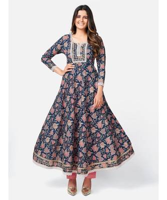 Women's Floral Print & lace Work Anarkali Cotton Blue Kurta With Pant & dupatta 3