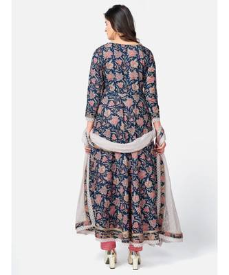 Women's Floral Print & lace Work Anarkali Cotton Blue Kurta With Pant & dupatta 4
