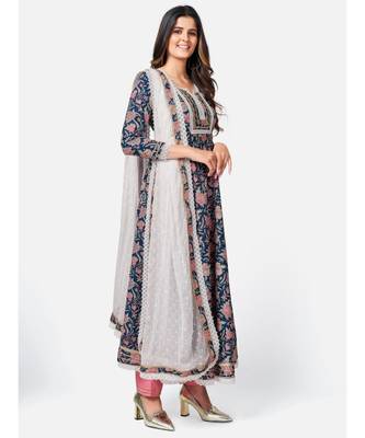 Women's Floral Print & lace Work Anarkali Cotton Blue Kurta With Pant & dupatta 5