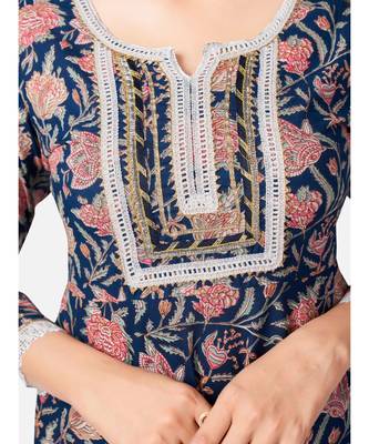 Women's Floral Print & lace Work Anarkali Cotton Blue Kurta With Pant & dupatta 6