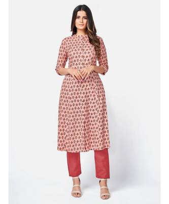 Women's Floral Print A-line Rayon Peach Kurta With Multiple Slit 1