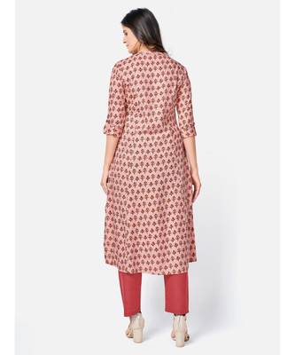 Women's Floral Print A-line Rayon Peach Kurta With Multiple Slit 2