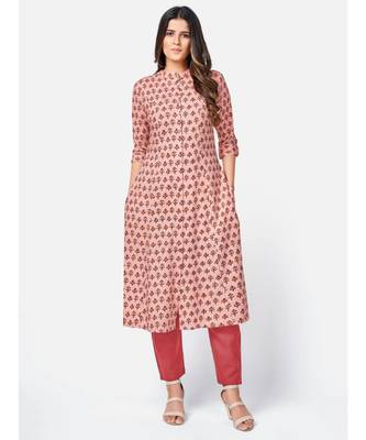 Women's Floral Print A-line Rayon Peach Kurta With Multiple Slit 6