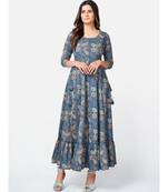 Women's Printed & Hand work Anarkali Cotton Blue Kurta