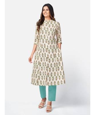 Women's Printed A-line Cotton Beige Kurta With Multiple Slit 1