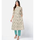 Women's Printed A-line Cotton Beige Kurta With Multiple Slit
