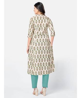 Women's Printed A-line Cotton Beige Kurta With Multiple Slit 2