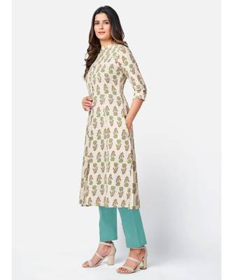 Women's Printed A-line Cotton Beige Kurta With Multiple Slit 3