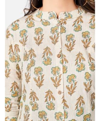 Women's Printed A-line Cotton Beige Kurta With Multiple Slit 4