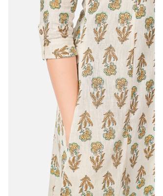 Women's Printed A-line Cotton Beige Kurta With Multiple Slit 5