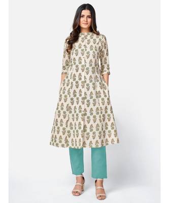 Women's Printed A-line Cotton Beige Kurta With Multiple Slit 6