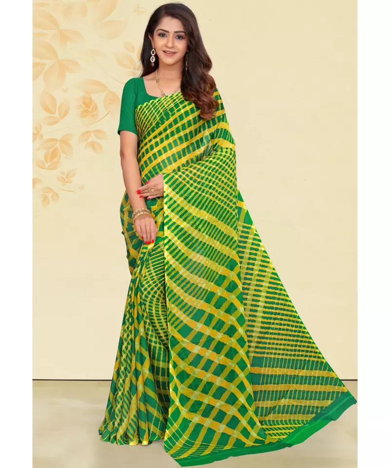 Yellow Leheriya Chiffon Printed Saree