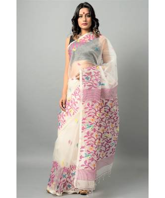 Resham silk jamdani saree with floral and birds motifs 3