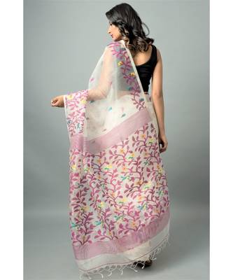 Resham silk jamdani saree with floral and birds motifs 4