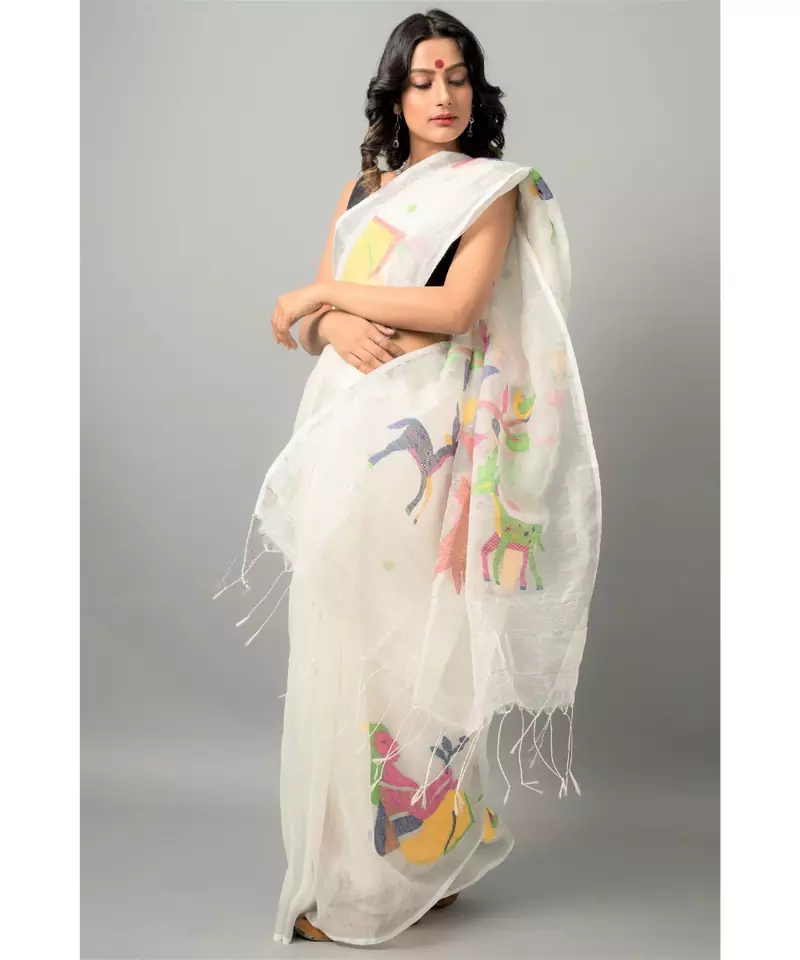 Linen silk jamdani saree with delicate jamdani nature motifs