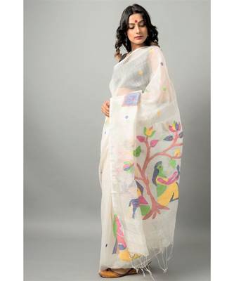 Linen silk jamdani saree with delicate jamdani nature motifs 2