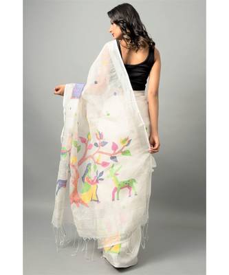 Linen silk jamdani saree with delicate jamdani nature motifs 3