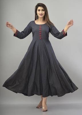 NavyBlue Gold Printed Rayon Anarkali Kurti 1