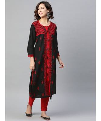 Ada Women's Hand Embroidered Black Cotton Lucknowi Chikankari Women Kurta - A151605 1