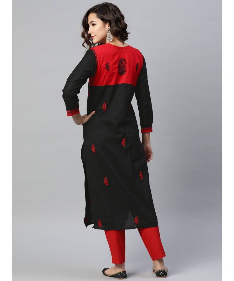 Ada Women's Hand Embroidered Black Cotton Lucknowi Chikankari Women Kurta - A151605