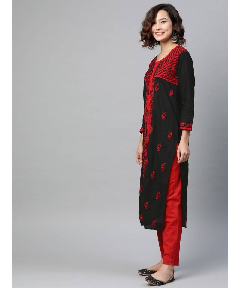 Ada Women's Hand Embroidered Black Cotton Lucknowi Chikankari Women Kurta - A151605