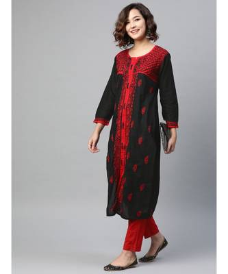 Ada Women's Hand Embroidered Black Cotton Lucknowi Chikankari Women Kurta - A151605 4