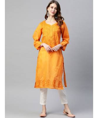 Hand Embroidered Mustard Cotton Lucknowi Chikankari Women Kurta 1