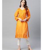 Hand Embroidered Mustard Cotton Lucknowi Chikankari Women Kurta