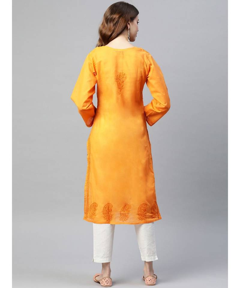 Hand Embroidered Mustard Cotton Lucknowi Chikankari Women Kurta