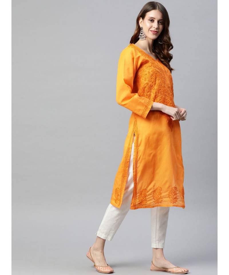 Hand Embroidered Mustard Cotton Lucknowi Chikankari Women Kurta