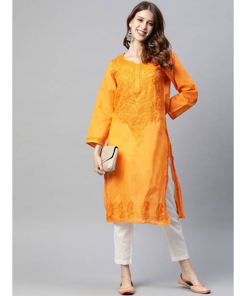 Hand Embroidered Mustard Cotton Lucknowi Chikankari Women Kurta