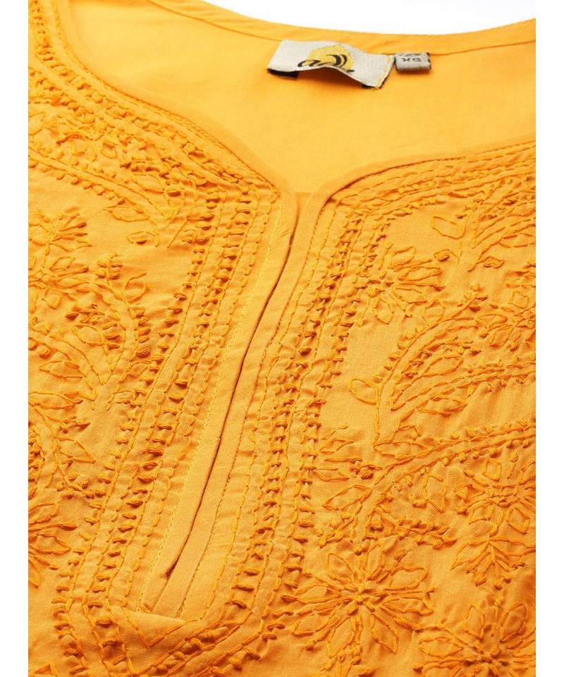 Hand Embroidered Mustard Cotton Lucknowi Chikankari Women Kurta